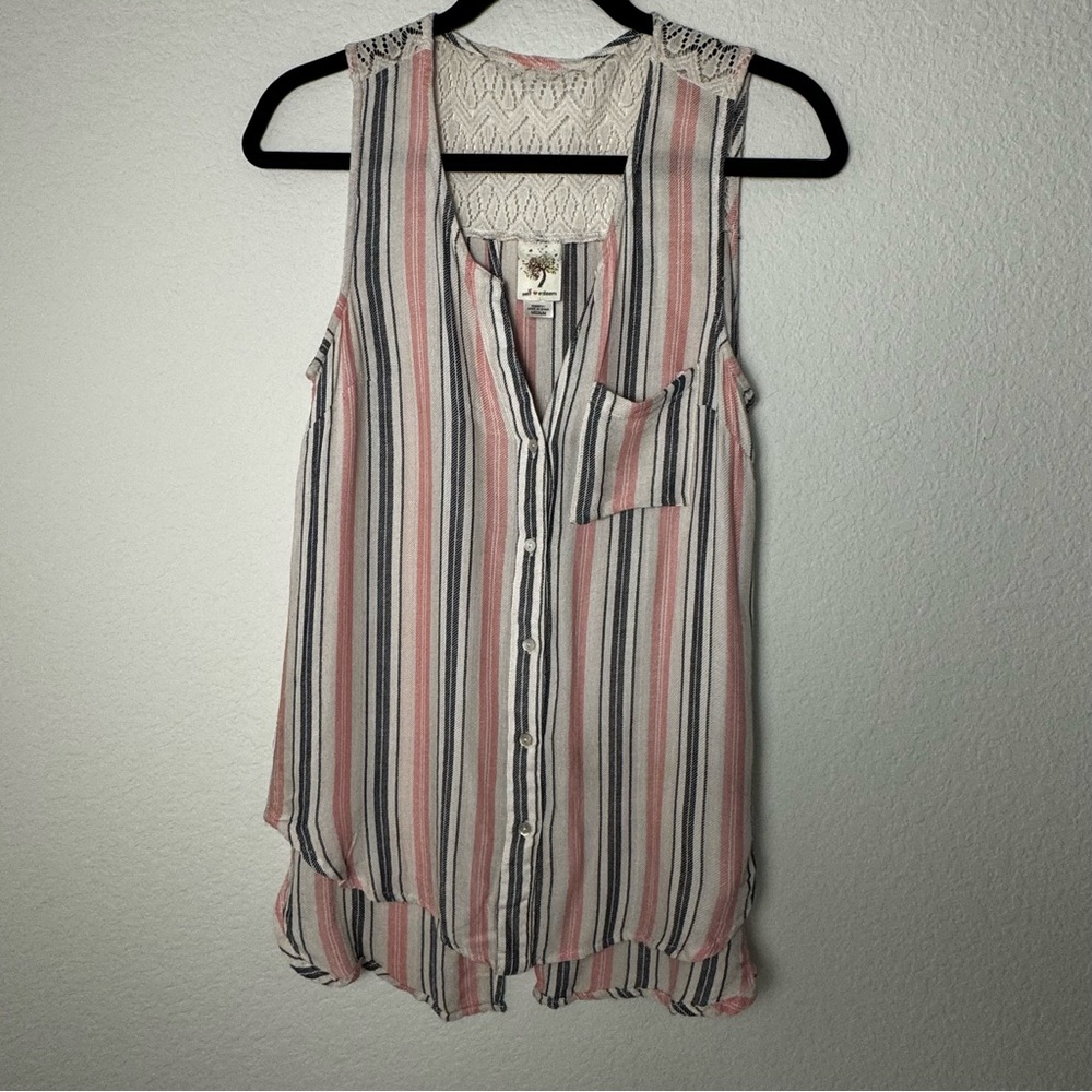 Self Esteem Sleeveless Open Back Vertical Striped Top in White, Black and Pink M